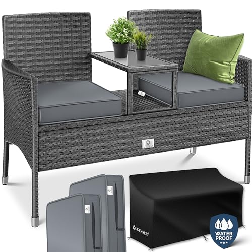 KESSER® Polyrattan Gartenbank mit Tisch, 2 Sitzer, 143x63x88cm Gartenbank wetterfest, Sitzbank Outdoor, Balkonbank mit Ablage, Gartenmöbel Rattan Bank