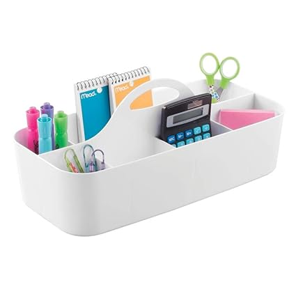 mDesign Organizador de escritorio con 11 compartimentos – Cesta organizadora de plástico – Organizador con asa para el transporte para los utensilios de escritorio y pintura – blanco