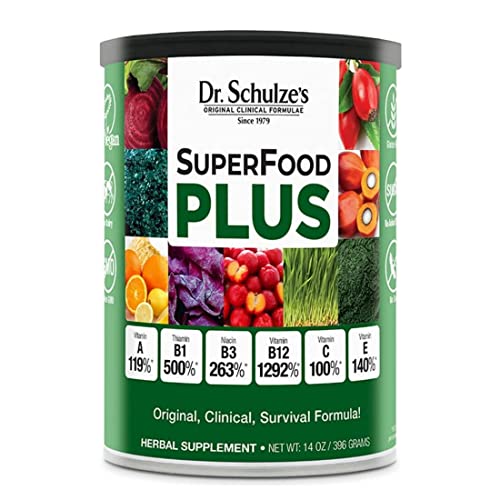 Dr. Schulze’s SuperFood Plus | Vitamin and Mineral Herbal Concentrate | Daily Nutrition | Gluten-Free and Non-GMO | Vegan | 14 Ounce Powder | Packaging May Vary