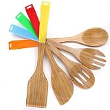 COOKSMARK 5 Piece Bamboo Wood Nonstick Cooking Utensils - Wooden Spoons And Spatula Utensil Set With Multicolored Silicone Handles In Red Yellow Green Orange Blue