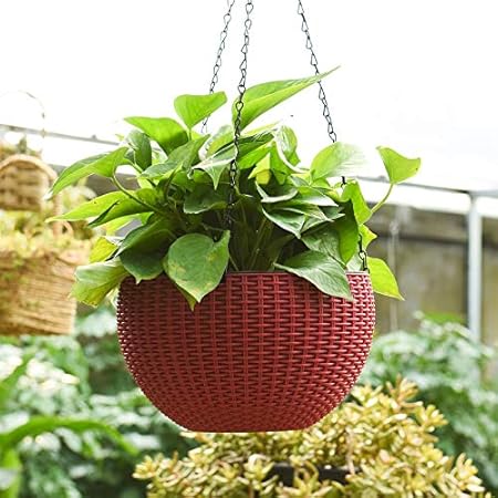 Antier 1 Pcs Rattan Woven Patternwith Chain Hanging Baskets Plastic Scindapsus Flower Pot Holder Own Watering Plant