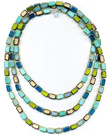 Long Beaded Necklace in Tide Pool Mix, 7-Ways to Wear, Glass Tile Beads, 60" Long, Sterling Silver