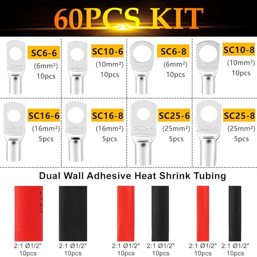 Battery Terminals Crimping Pliers with 60 pieces copper ring terminals, 8 sizes of terminals and 60 pieces heat shrink sleeves.