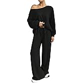 SweatyRocks Women's 2 Piece Outfits Off the Shoulder Long Sleeve Oversized T Shirt and Pants Matching Sets