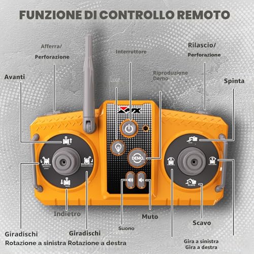 Escavatore Radiocomandato 3 in 1, 2.4GHz con Luci e Suoni - 680° Rotazione, Braccio Meccanico Funzionale e Cingoli Antiterreno - Giocattolo con 3 Accessori per Bambini 6-12 Anni