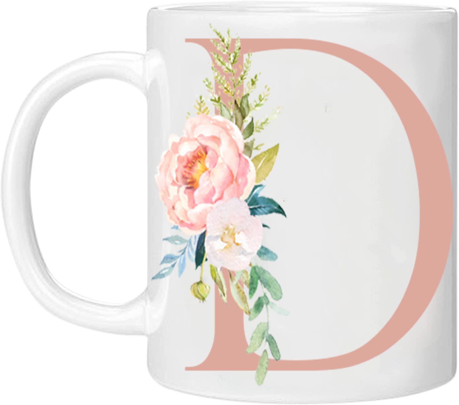 MOBILE STUFF Personalised Floral Mug Letter D - Any Letter Alphabet 11oz Ceramic Coffee/Tea Cup Printed Glitter, NOT Real Glitter (Rose - D)