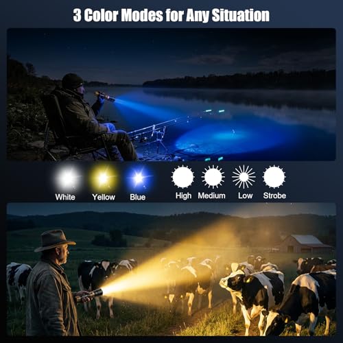SKYFIRE Linternas LED Alta Potencia Recargable, Linterna Potente 900000 Lumen con Lente de Encendido & 3 Filtros, 10000mAh Zoomable USB-C 4 Modos IPX6 Impermeable, para Camping Montaña Regalo
