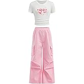 WDIRARA Girl's 2 Piece Bow Graphic Outfits Short Sleeve Crop Top and Wide Leg Cargo Pants Sets