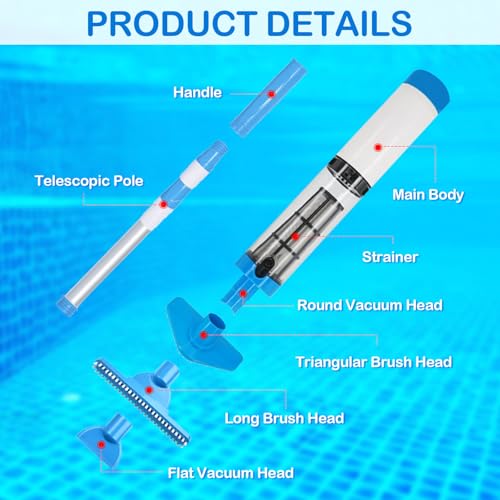 Wireless Pool Vacuum Cleaner, 3 in 1 Rechargeable Handheld Pool Vacuum Cleaner with Telescopic Handle, Electric Pool Cleaner for Pool, Spa, Jaccuzi