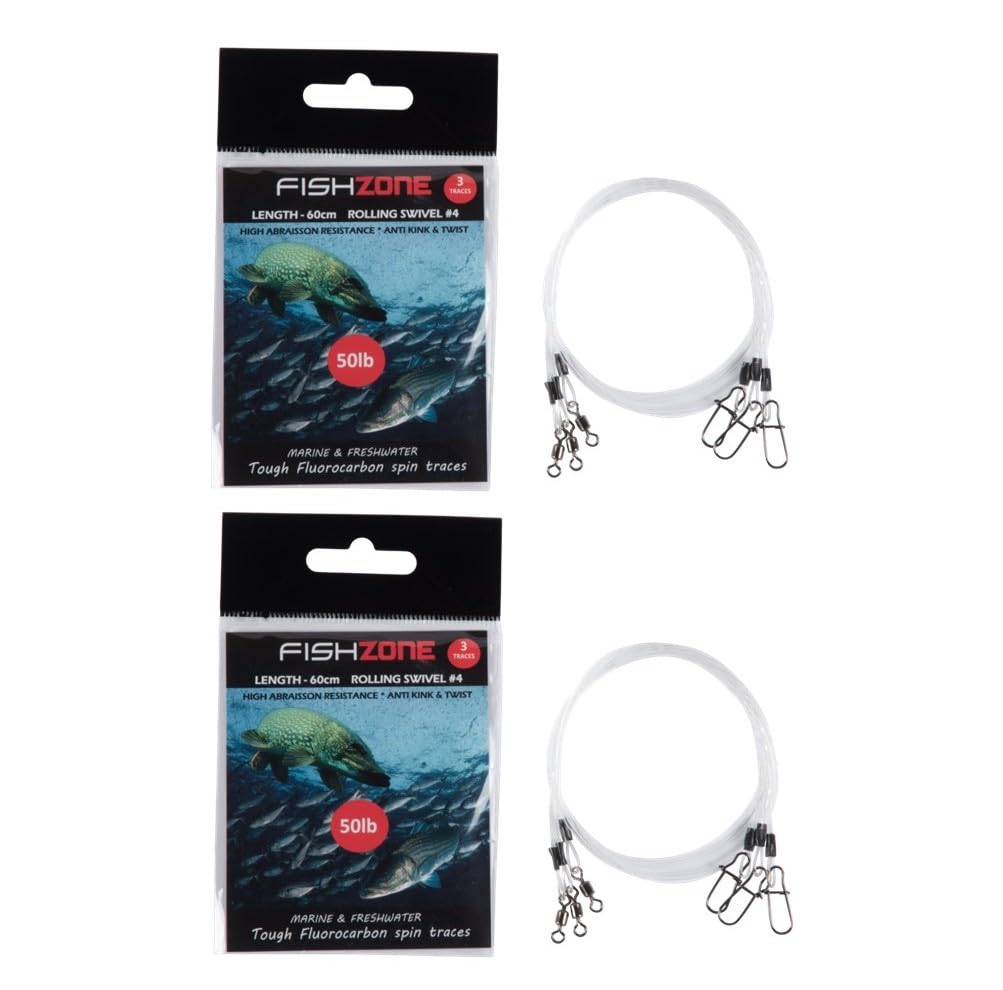 FISHZONE - 6 (2 packs of 3) TOUGH FLUROCARBON 60cm Spin Traces with Rolling Swivel - 34lb 50lb - Specialist Fluroro For Making Low Visibilty Predatory Fishing Rigs (34lb - 60cm Trace - #4 swivel)