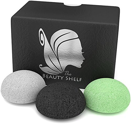Konjac Sponge (3 Pack) - Facial Sponges - Hemisphere Shape - Activated Bamboo Charcoal, Green Tea, Natural White