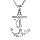 YONFQE Anchor Necklace S925 Sterling Silver Anchor with Flower Pendant Nautical Jewelry Gifts for Men Women