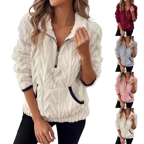 Women'S Sherpa Fleece Pullover Half Zip Plush Teddy Fleece Sweatshirt With Pockets Cozy Oversized Winter Outwear Comfortable Warm Solid Colour Pullover Sweatshirt Long Sleeves Baggy Tops