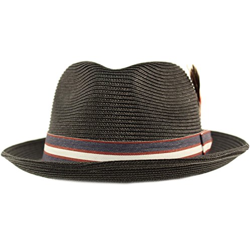 Men's Stripe Band Removable Feather Derby Fedora Curled Brim Hat L/XL