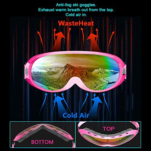 Zollen Ski Goggles, Snowboard Goggles for Kids, Boys, Girls, Youth, Men & Women, Anti-Fog Snow Goggles, Anti-Glare Lenses, 2 Packs, Colorful & Pink/Fuchsia