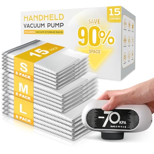 15 Pack Travel Vacuum Bags with Electric Pump, 70KPa Vacuum Storage Bags for Clothing, Reusable Space Saver Bags for Suitcase, Travel & Home Storage, Alpine White