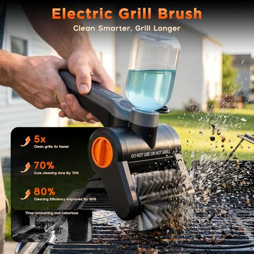 Cepillo Eléctrico para Parrilla 100W con Botella Rociadora – Recargable 7,4V, 2 Velocidades, 90 Min de Autonomía, IPX8 Impermeable – Limpiador Parrilla Barbacoa Eléctrico con Caja de Herramientas