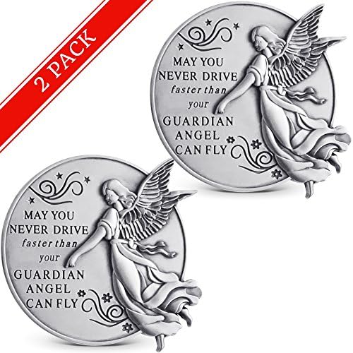Guardian Angel Visor Clip For Car: (Set of 2) 2-1/4 Inch Diameter Metal, Reads MAY YOU NEVER DRIVE FASTER THAN YOUR GUARDIAN ANGEL CAN FLY, Best Parents Gift Idea for New Driver & Loved Ones Cars (2)