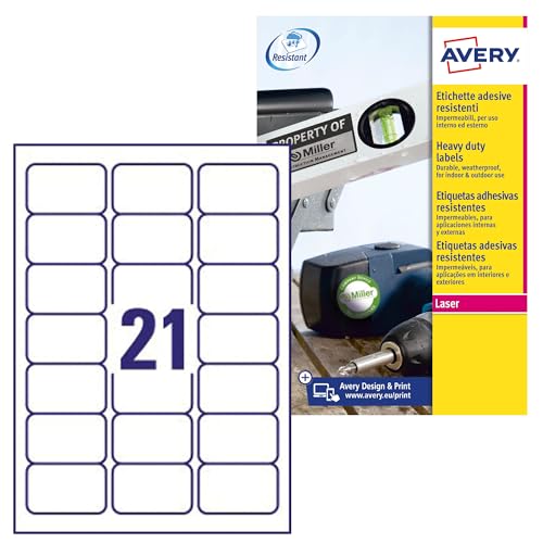 Avery Italia L7060-20 Strong White Polyester Adhesive Labels, 20 Sheets A4, Rectangular 63.5x38.1mm, 21 Labels Per Sheet, Permanent Adhesive, Laser Printers