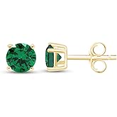 Birthstone Stud Earrings for Women, 5mm Round Simulated Gemstone Studs in 14K Yellow Gold Plated 925 Sterling Silver Push Back Earrings, Jewelry Gift for Her (1 Ctw)