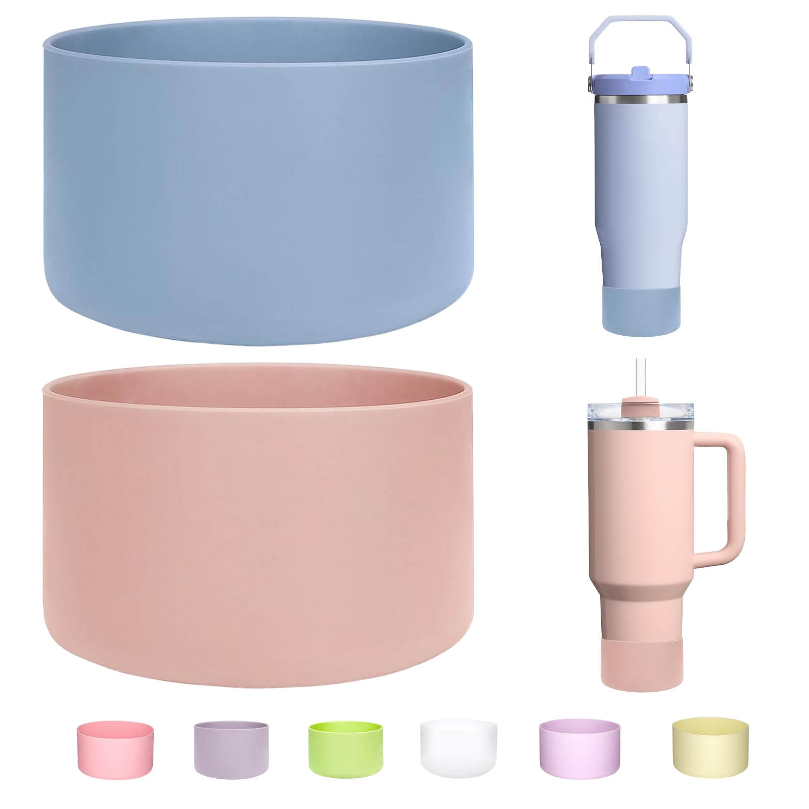 WK IEASON 2 Pcs Tumbler Bottom Protector Flask Silicone Boot for Stanley Quencher Adventure 40oz & Stanley IceFlow 20oz 30oz Compatible with Hydro Flask Wide Mouth 12oz 21oz 24oz(Chambray/Pink Dusk) — image 1