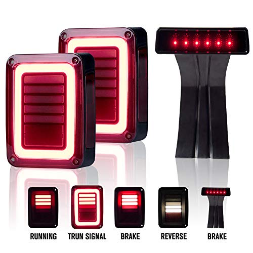 Upgraded Jeep Wrangler JK LED Tail Lights Smoked & Smoked Third High Brake Light – Reverse Lights Turn Signal Lamps Brake Lights Running Lights for Jeep Wrangler JK 2007-2017