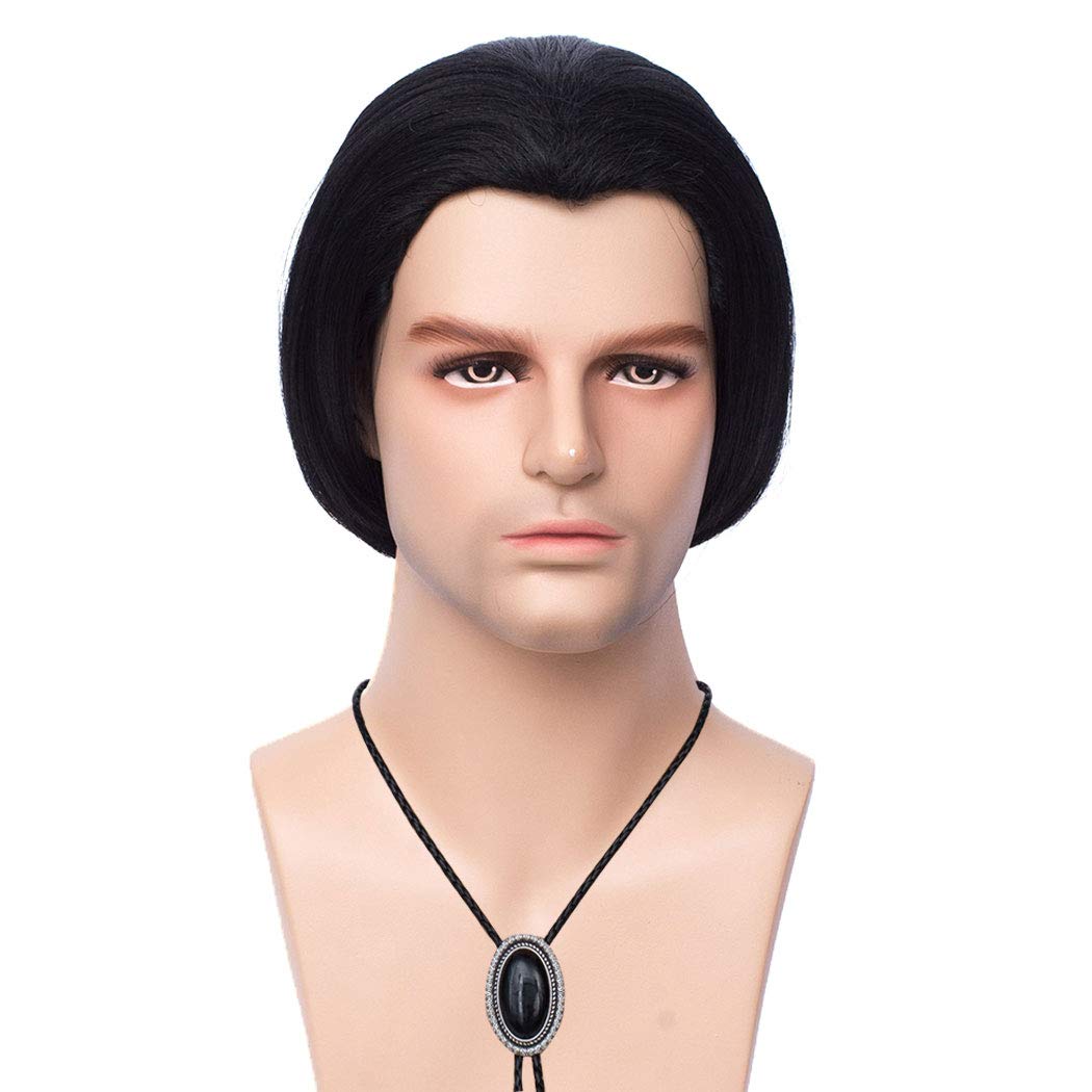 FVCENT Short Straight Black Vincent Vega Wig from Pulp Fiction Wigs with 1 Bolo Tie, Mens Short Black Straight Wig Halloween Costume Fancy Dress Wigs
