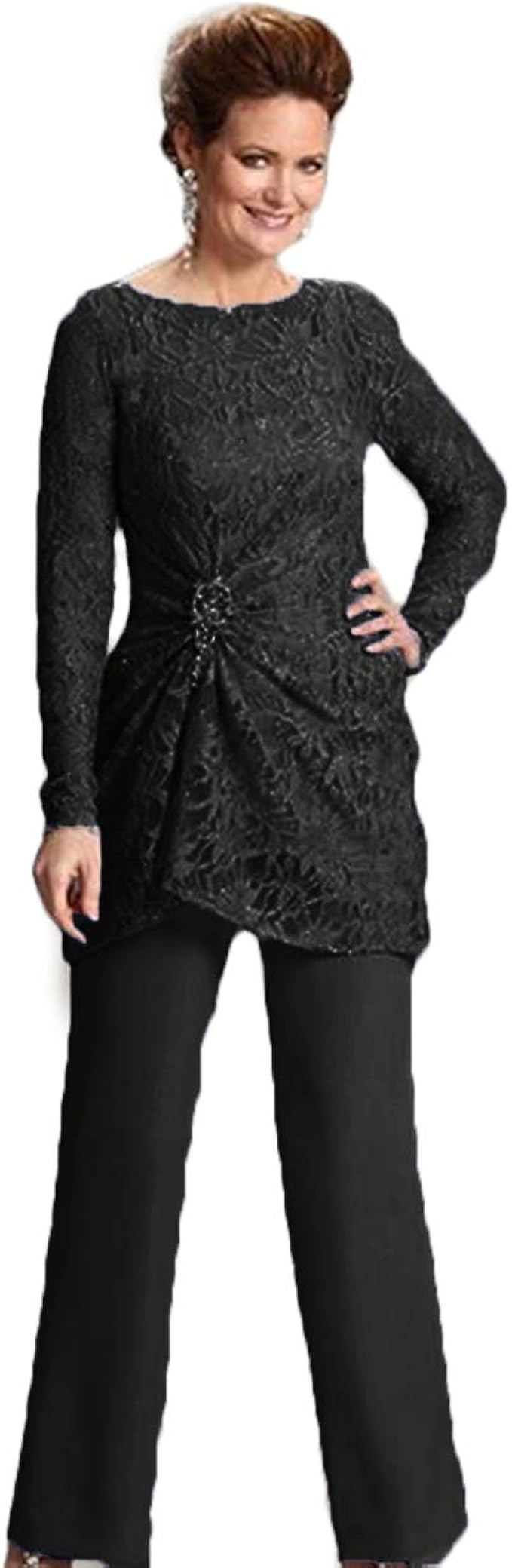 CY Two Piece Pant Suits with Illusion Scoop Lace Long Sleeve Chiffon
