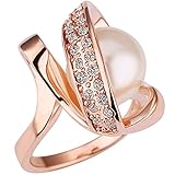 BOHG Jewelry Womens 18K Rose Gold Plated Fashion Cubic Zirconia Pearl Bead Love Promise Ring Wedding Band