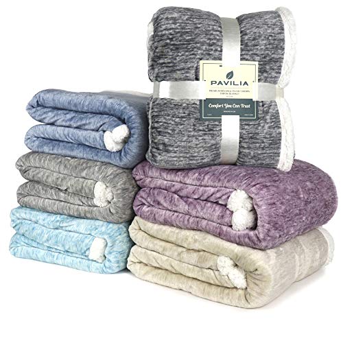 PAVILIA Melange Sherpa Blanket Throw Light Grey Soft, Fluffy