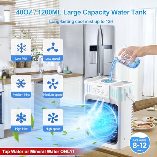 Portable Air Conditioners, 4 in 1 1200ML Personal Air Conditioner, Evaporative Air Cooler Fan with Remote, 7 RGB Light Modes, 3 Speeds & 2-8H Timer for Bedroom,Car,Nightstand, Office, Dorm, RV