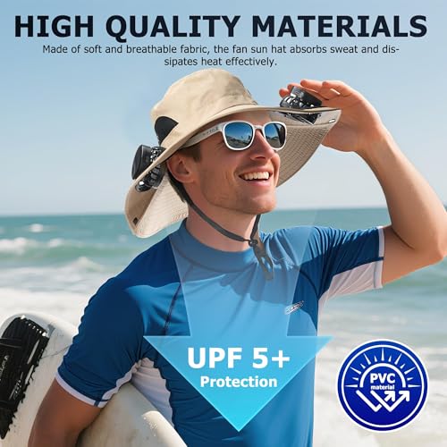 Solar Fan Sun Hat for Men Wide Brim Hat Outdoor Sun Cap with 2 Solar Fan Fishing Hat, UPF 50+, Removable & USB Charging