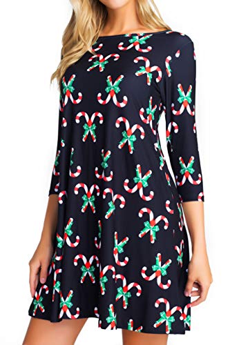 ICONOFLASH Plus Size Christmas Dresses with Pockets for Women 3/4 Sleeves Swing Holiday Party Dress Up Color Candy Cane Pattern, Size 3XLarge - Thumbnail 2