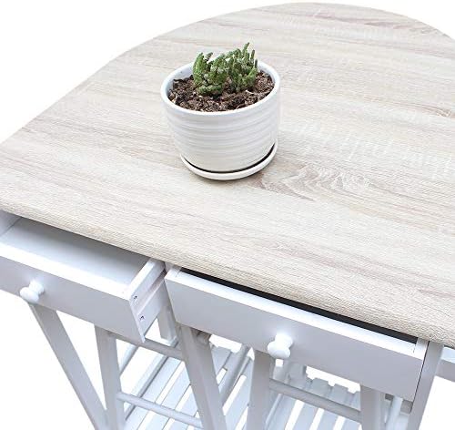 Wooden bar cart with two stools, featuring a tabletop and storage space.