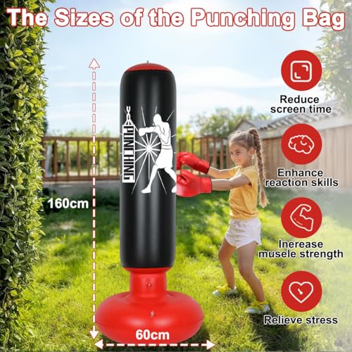 Inflatable Punching Bag 160cm Free Standing Boxing Bag with Gloves | Thicken Sparring Fitness Speed Training Column Practice Equipment for Home MMA Taekwondo Decompression Kickboxing Adults Kids