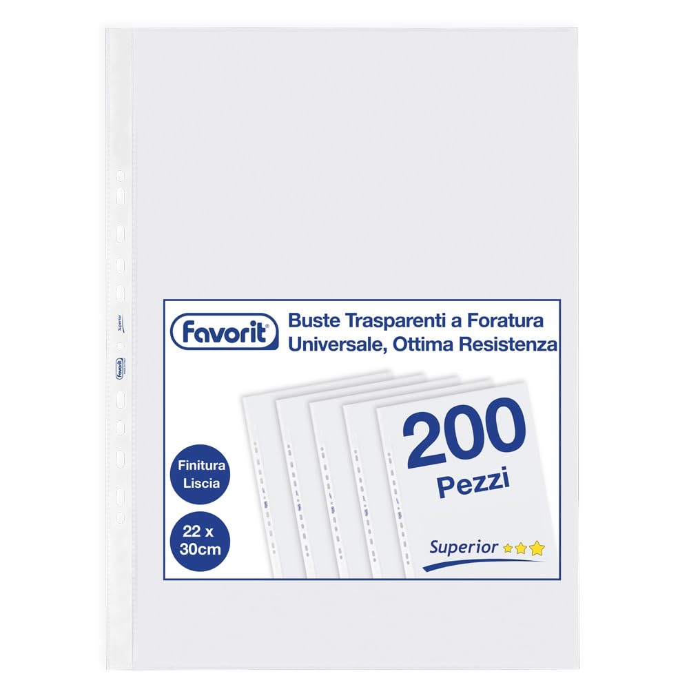 Favorit Transparent Perforated Envelopes 22 x 30 cm Suitable for A4 documents, Glossy, 2 Packs of 100 Pieces
