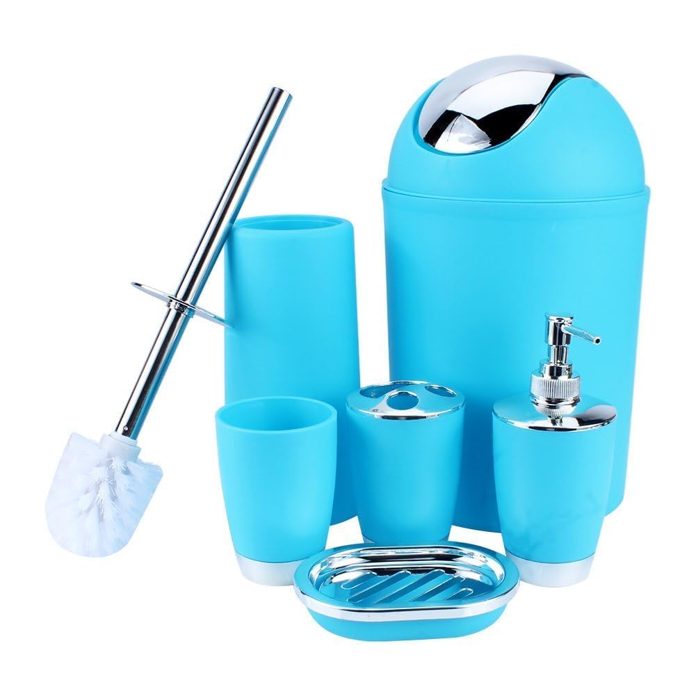 6Pcs Bathroom Accessories Set, Bathroom Accessory Bath Set Toothbrush Holder, Bin, Soap Dish, Dispenser,cup, Toilet Brush, Hand Sanitizer Bottle (Blue)