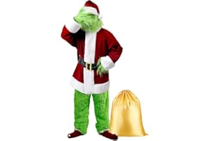 YAOGEG Adult Santa Claus Costume 8pcs Green Santa Suit,Deluxe Velvet Santa Costume for Men