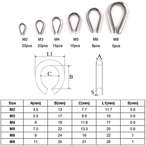 Seloky 478 Pcs M2/3/4/5/6/8 304 Stainless Steel Wire Rope Cable Thimbles and 6 Sizes Aluminum Crimping Loop Sleeve Assortment Kit