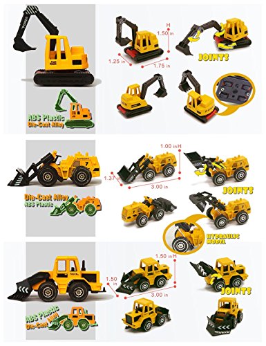 U DREAM Construction Vehicles for Kids Toys, 5 Assorted Mini Diecast Trucks Excavator Loader Bulldozer Dump Cement Mixer, Tiny Toys for Toddlers Boys and Girls, Construction Cake Topper Party Favors - Thumbnail 3