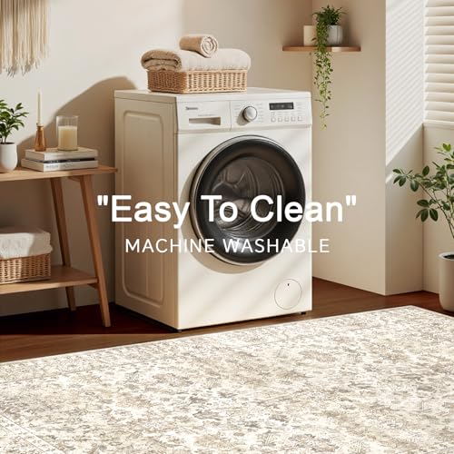 HOMFINE Beige Vintage Living Room Rug, 160 x 230 cm – Machine Washable Non-Slip Short Pile Soft Large for Living Room, Bedroom, Dining Room, Hallway
