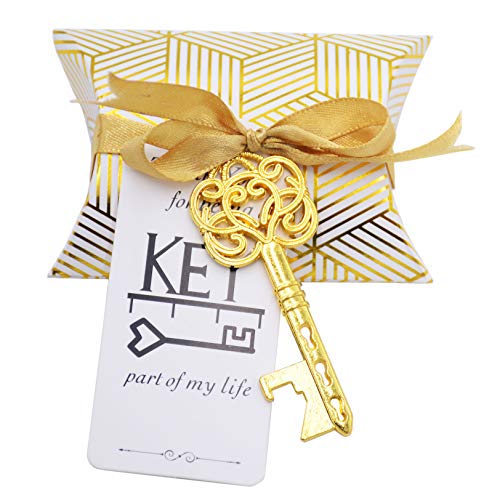 Makhry 50pcs Wedding Favor Souvenir Gift Set Pillow Candy Box Vintage Skeleton Key Bottle Openers Escort Thank You Tag French Ribbon (Antique Gold)