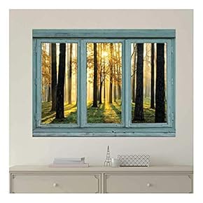Vintage Teal Window Looking Out Into The Forest and The Sun Peeking Through The Trees - Wall Mural, Removable Sticker, Home Decor - 36x48 inches
