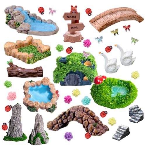 U-Zimikee 45 Pcs Resin Mini Garden Accessories - Miniature Landscape Decorations with Mini Bridge Pond Mountain House Figurines Swan Ladybug Butterfly Flower Figures Bulk for Dollhouse Garden Craft