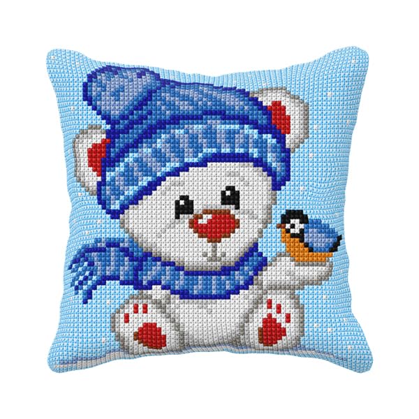 Orchidea Bear with Bird Cushion Cross-Stitch kit (quickpoint Pillow Cover kit) 40 x 40cm. Skill Level Medium