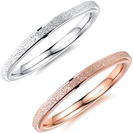 2mm Rose Gold and Silver 2PCS a Set Stainless Steel Sand Blast Finish Engagement Rings for Women Girls, Sizes 4 to 10