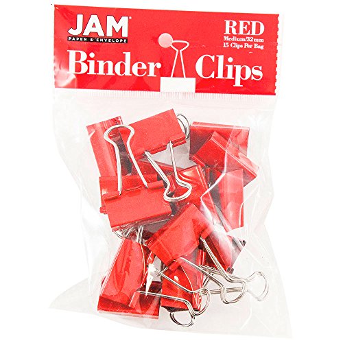 JAM PaperColorful Binder Clips - Medium - 1 1/4 Inch (32 mm) - Red Binderclips - 15/Pack