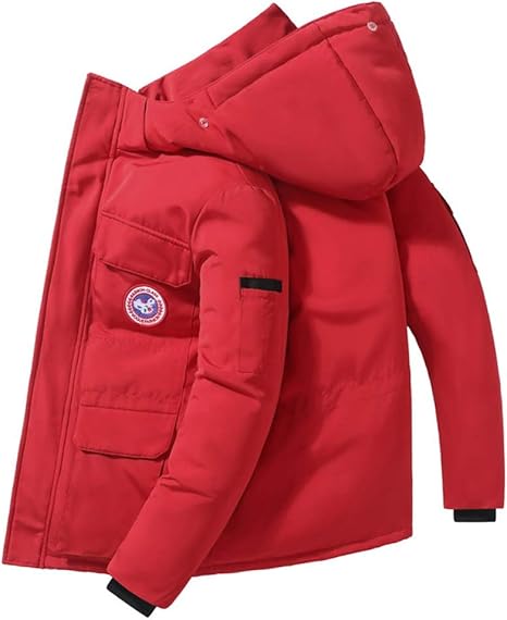 Amazon Co Jp 取り外し可能なフード付き冬のカジュアル暖かいジャケット付きメンズファッションショートダウンジャケット 赤 L ホーム キッチン