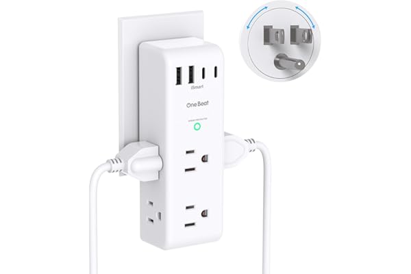 Surge Protector Outlet Extender - with Rotating Plug, 6 AC Multi Plug Outlet with 4 USB Ports (2 USB C), 1800J Wall Charger, 3-Sided Power Strip with Spaced Outlet Splitter for Home, Office, Travel