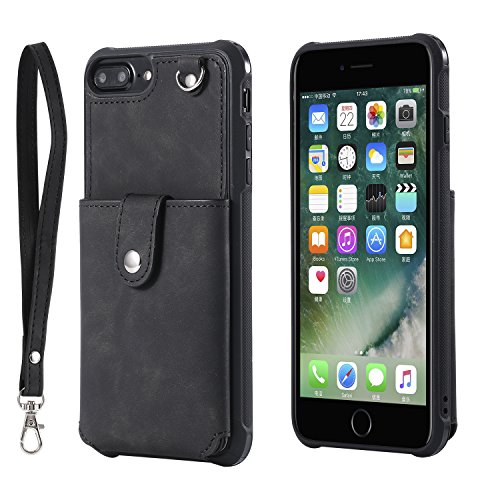 iPhone 8 Plus Wallet case iPhone 7/6 Plus LEMY JOURNEY Mirror PU Leather Case with Credit Card Holder Slot Wrist Strap for Apple iPhone 8/7/6 Plus(Mirror-Black)